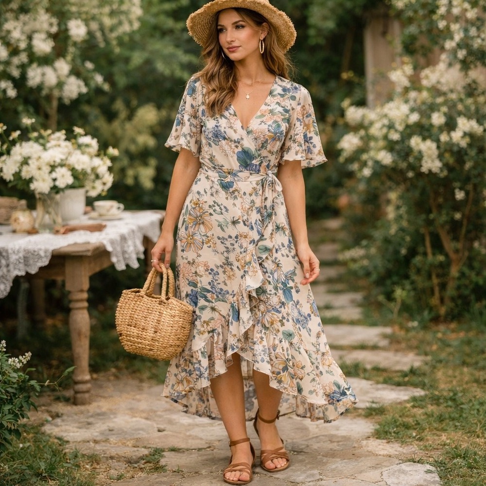 Dress Forum Floral Wrap Maxi Dress Flutter Sleeve Tan Blue Size M Flowy Romantic - Picture 1 of 7